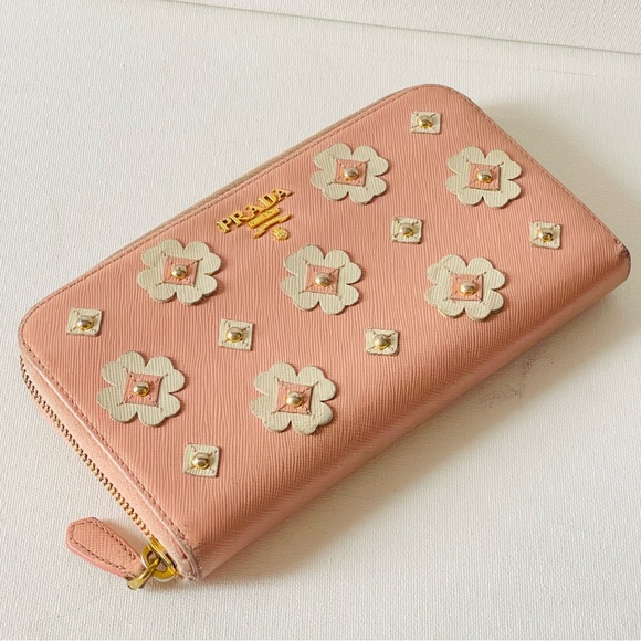 PRADA Saffiano Leather Flower Pearl Long  Zip Around Wallet - Picture 3 of 8